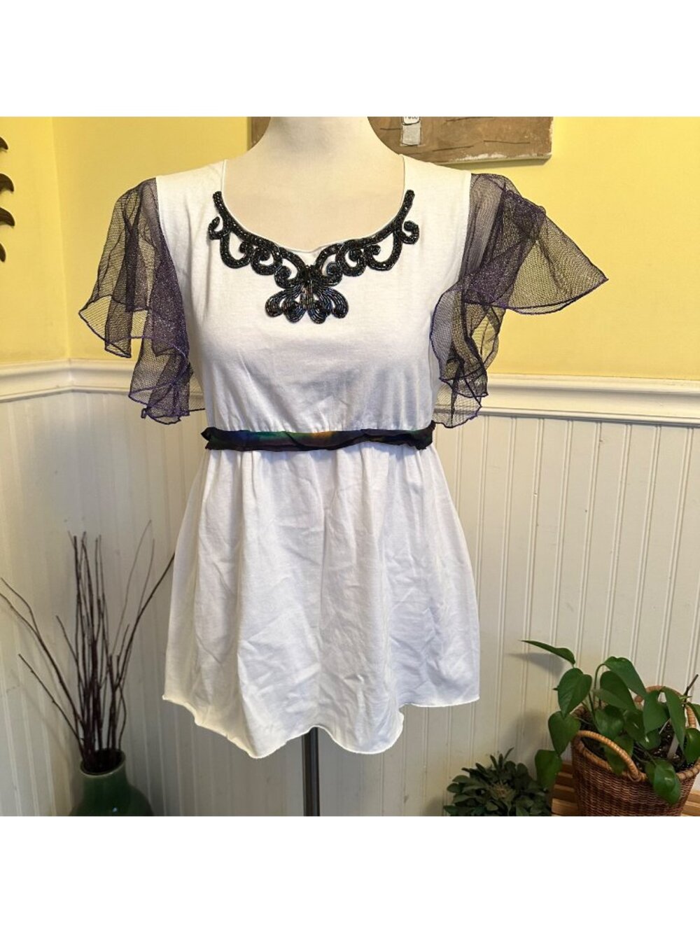 Ana Sui Y2K White Top Sequin Beaded Sheer Mesh Belted Rainbow Blouse M/L